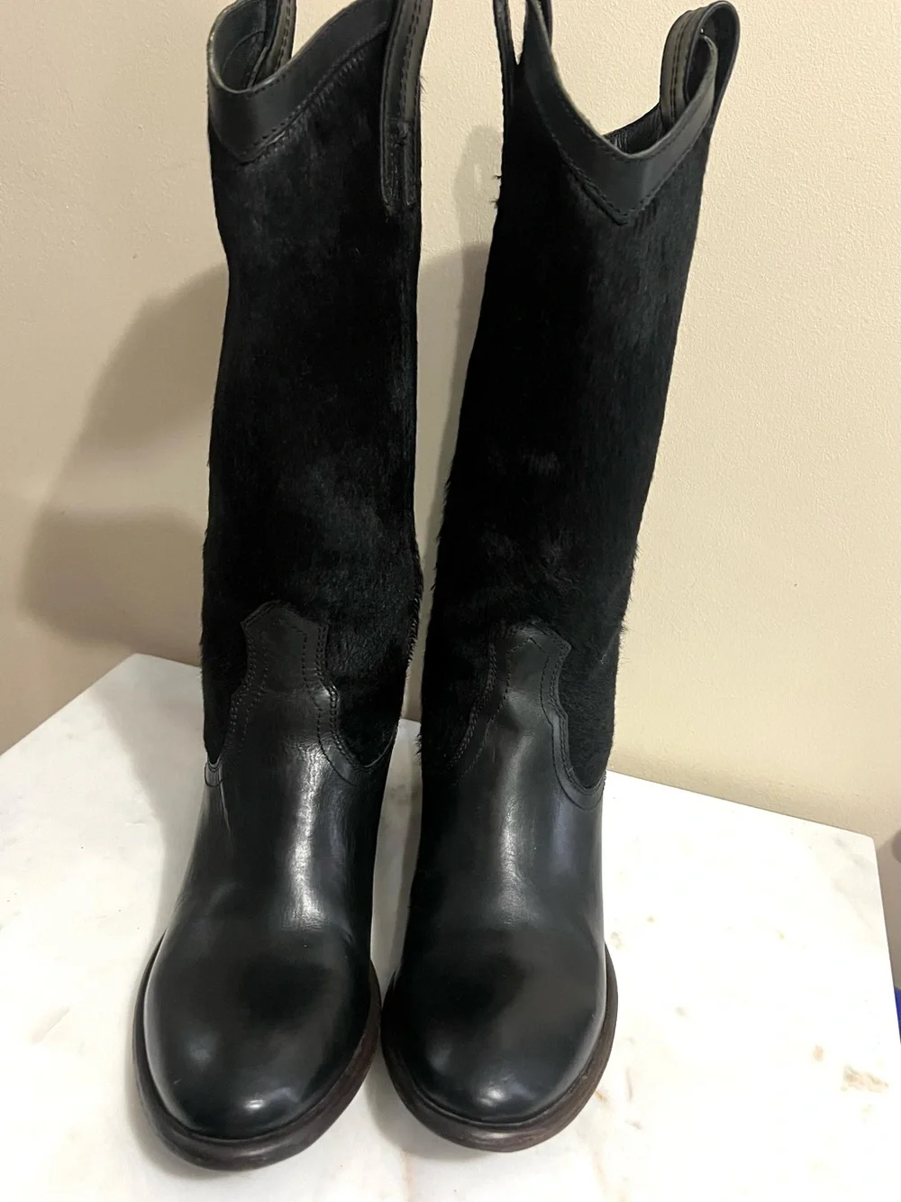 Frye Black Leather and Haircalf Over-the-Knee Boots